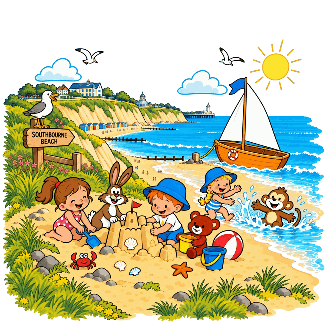 Children building a sandcastle on Southbourne beach, with the cliffs and beach huts behind them
