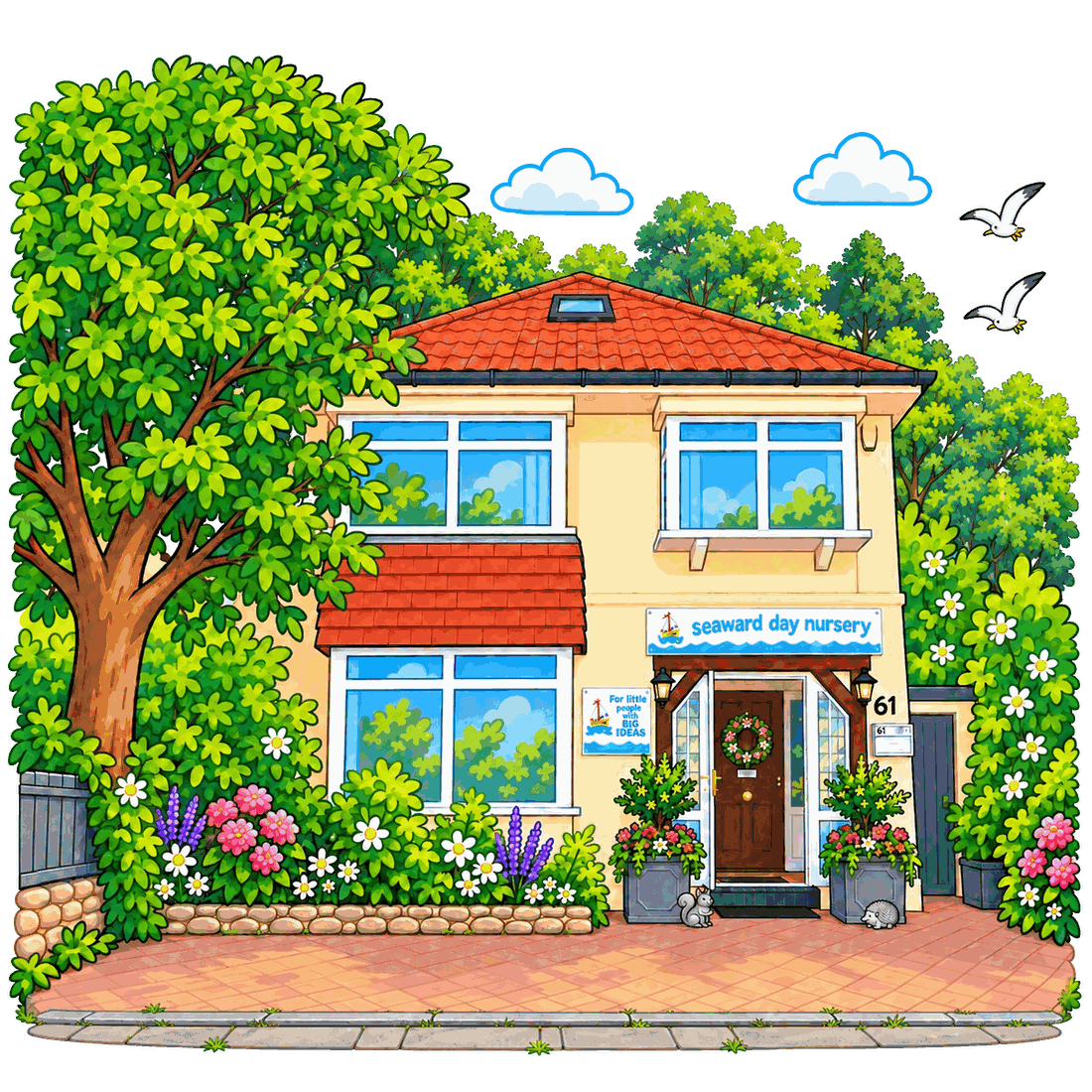The nursery building on Seaward Avenue, with its tree, flowers and front door